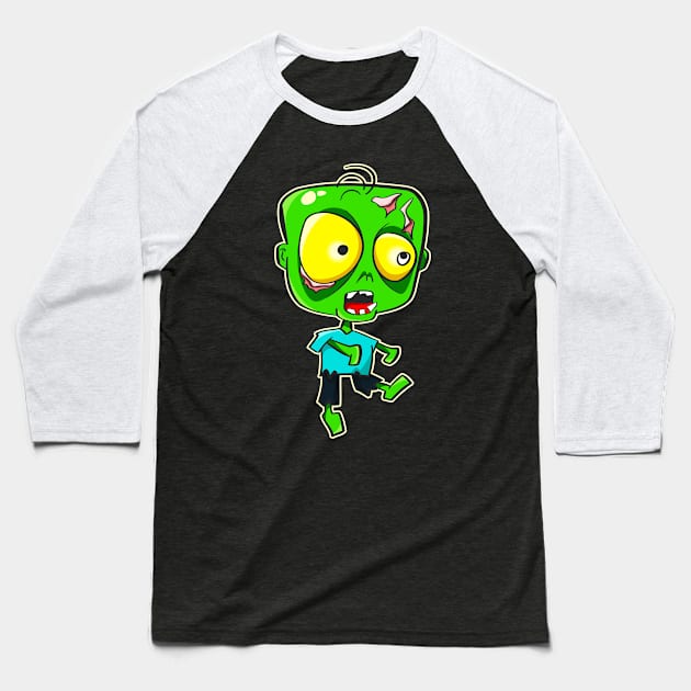 Cartoon Zombie Funny Horror Ghoul Halloween Baseball T-Shirt by Foxxy Merch